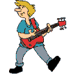 Animated contact sheet of a cartoon character playing red electric guitar across 8 frames with varying poses and expressions on gray background.
