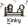Animated contact sheet of 13 frames showing two stick figures on a bed with changing hand positions and text, labeled "Kinky" under each frame.