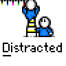 Animated contact sheet of 16 frames showing two cartoon figures interacting with a yellow striped object against gray background, each frame labeled "Distracted" below.