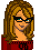 Pixel art contact sheet showing a female character with glasses and text fragments "I Love My Glasses" in red serif font on white backgrounds, arranged across multiple frames.