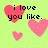 Pixelated green background with pink hearts and black text reading "i love you like." and "woah." over scattered heart shapes.