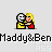 Pixel art of two figures embracing, one with black hair and yellow shirt, the other blonde in red dress; text "Maddy&Ben" repeats below each frame.