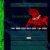 Pixelated red figure with white accents sits on a dark blue surface against a dark background with green and blue horizontal bands.