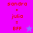 Pixelated text and star symbols on a split background of bright pink and purple, with red text reading "sandra + julia = BFF".
