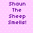 Purple text on a light purple dotted background reads "Shoun The Sheep Smells!" in four identical vertical arrangements.