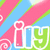 Pixelated icon with diagonal pink, blue, and green stripes; white-outlined letters 'i', 'l', 'y' in pink, blue, green; white spiral on left; animated change in background brightness.