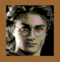Pixelated portrait of a person with curly hair and glasses on left, blue text 'amigo harry potter' on right against brown background.