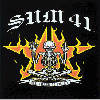 Animated sequence of a black circular icon with 'Sum 41' text and skull logo, alternating between the band's emblem and group photo of four members in casual clothing.
