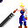 Pixelated character with blonde hair and blue outfit performs sword swing animation against gray background.