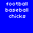 Blue background with white pixelated text reading football, baseball, chicks in two ; one version has a red gradient overlay on the lower-left quadrant