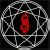 Static pixelated icon featuring a red central symbol within a silver geometric circular frame on black background.