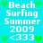 Pixelated turquoise background with white text reading 'Beach Surfing Summer 2009 <333' and green heart symbols in corners.