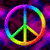 Three identical peace symbols with rainbow gradient outlines on a pixelated purple and blue background, one in each corner of the frame.