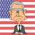 Pixelated cartoon figure with gray hair and glasses stands against American flag background wearing dark suit and white shirt.