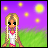 Pixelated character with long blonde braids stands in a grassy field under a purple sky with yellow stars, mouth changing expression across frames.
