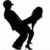 Black silhouette of a figure in dynamic pose with arms raised and legs bent, set against white background.