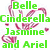 Green text lists Disney princesses with pink heart-shaped swirls on a white background.