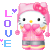 Pixelated Hello Kitty avatar in pink outfit with bow, arms crossed, next to vertical 'LOVE' text with heart symbols on gray background.