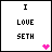 A 5x5 contact sheet of animated AIM buddy icons showing variations of "I LOVE SETH" text with colored hearts and lettering across multiple frames.