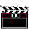 Pixelated film clapperboard icon with black-and-white striped top, pink rectangular outlines on the left and right sides of a central black rectangle, and white square outlines in the middle.