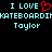 Pixelated text displays 'I LOVE' with a red heart symbol, repeated 'SKATEBOARDING' in light blue, and 'Taylor' below on black background.