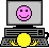 Pixelated animation of yellow smiley faces interacting with pink and blue smiley icons on gray computer monitors.