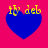 Four blue heart shapes on a pink background with yellow text 'tv deb' above each heart, showing slight variations in the hearts' positions.
