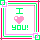 Pixelated icon with green and pink border framing 'I' above a heart symbol and 'you!' below on white background.