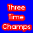 Blue background with red text reading 'Three Time Champs' and a pixelated image of three metallic objects resembling trophies.