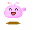 Pixelated pink blob with brown base, yellow antennae stars, and floating pink square; expressions shift between smiling, neutral, and open-mouthed