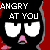 Pixelated black icon with white text 'ANGRY AT YOU', two large white eyes, and a small pink mouth on a red background.
