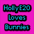 A four- shows a pink background with blue text reading "HollyE20 Loves Bunnies" and three bunny images: two brown bunnies holding a red heart, a white bunny in a bowl, and a light brown bunny sitting on a surface