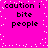 Bright pink background with white pixelated dots scattered across, displaying four identical text blocks reading "caution i bite people" in black pixelated font.