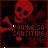 Red skull and crossbones icon with 'YOU'RE SO SENSITIVE' text, animated white cursor-like shapes on black background.