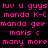 Pixelated text in bright pink on black background, repeating phrases like 'luv u guys' and 'mando K-C' across multiple