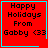 Red square with cyan border displays "Happy Holidays From Gabby <33" text; four variations show different corner symbols in bottom-right positions.