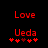 Red pixelated text 'Love' and 'Ueda' on black background with five red hearts below, two versions differ in heart arrangement.