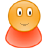 Four identical orange circular heads with red collars, each showing different facial expressions including smiling and mouthed red shapes.