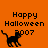 Orange background with black text 'Happy Halloween 2007' and a pixelated black cat icon in three positions.