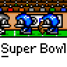 Animated contact sheet of a pixel art football game featuring blue and gray characters, repeated "Super Bowl" text, and multiple gameplay elements including tackles, flying footballs, and touchdown markers.