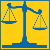 Blue pixelated scale of justice on yellow background with blue border, showing balanced pans and vertical post.