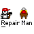 Pixel art animation of a repairman character with red cap and white shirt, holding a tool, interacting with a brown table and red lamp, with text bubbles.