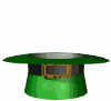 Green top hat with brown buckle and black band, holding a smiling three-leaf clover with yellow outline.