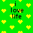 Green background with yellow pixelated hearts and black text reading "i love life" in a pattern