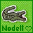 Green pixelated background with a crocodile-shaped icon and 'Nodell' text below it, featuring two states of the heart symbol.