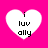 Four white heart-shaped icons on a bright pink background, each containing the text "i luv ally" in black pixelated font.