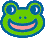 Green frog head with blue outline and pink mouth, smiling with varying mouth shapes