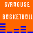 Orange background with white text reading 'SYRACUSE' and 'BASKETBALL' in pixelated font, blue horizontal bars forming a pattern below each text block.