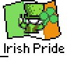 Two identical pixel art Irish pride buddy icons displayed in a contact sheet with promotional text for badassbuddy.com, each featuring a leprechaun-like figure on an Irish flag background.
