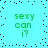 Pixelated cyan background with green text 'sexy can i?' repeated four times, black dots scattered across the image forming a border-like pattern.